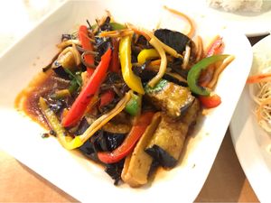 Rice with fried eggplant & fish at Sunflower Thai Vegetarian Restaurant in Auckland