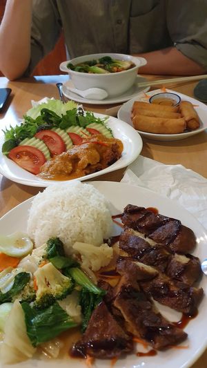 Soy Duck with veggies, Chicken in peanut sauce, Spring Rolls, Sunflower Soup at Sunflower Thai Vegetarian Restaurant in Auckland