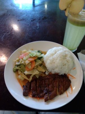 Soy duck and a freshly squeezed greenstuff juice. at Sunflower Thai Vegetarian Restaurant in Auckland