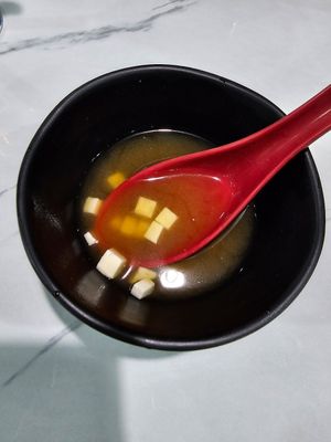 Miso soup, ordered without seaweed at Umami Japanese Steakhouse in Columbia