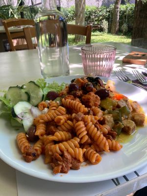 Pasta with soy ragout, tempeh with curry sauce, tofu with tomato sauce, olives and capers, seitan with chard, greek salad with vegan feta at Convita  in Rimini