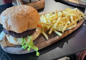 Vegan burger (falafel style) and chips   at One Eyed Pig in Split