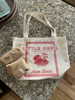 Pepperoni, turkey and a tote! Very swag #Veganuary at Little Devil Plant Based Meats in Boise