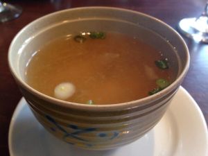 Miso soup at Rain Thai and Sushi Bar in Atlanta