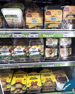 Part of the refrigerator with vegan semi-finished foods at Sorli - Discau in Premia De Mar