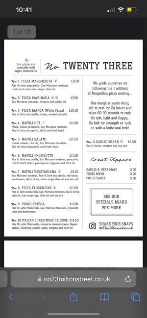 Current menu (there were specials on the board and also one extra option in person on the menu)   at No 23 in Saltburn-by-the-sea