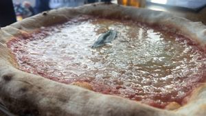 Margarita pizza, with vegan cheese. There want a charge for vegan cheese. This was about £10  at No 23 in Saltburn-by-the-sea