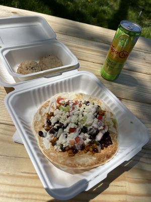 Tlayuda with tempeh chorizo and wedding cookies  at Fancy Plants - Food Truck in Ellsworth