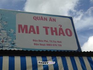Restaurant sign with address & number at Mai Thao in Tay Ninh