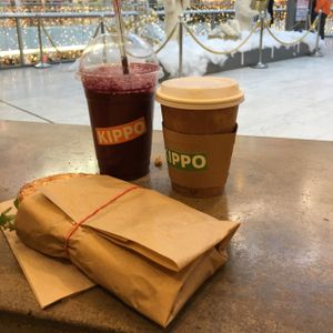 Zohan sandwich, Mobyo smoothie and coffee with almond milk at Plants By Us in Helsinki