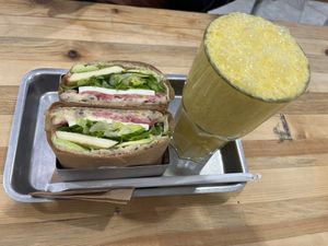 Maple mustard sandwich and banger smoothie   at Plants By Us in Helsinki