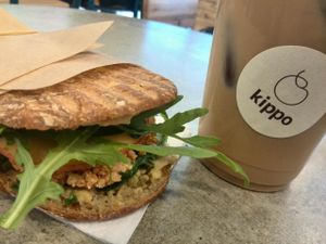 Ice latte and Zohan sandwich. at Plants By Us in Helsinki