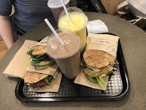 Sir Pesto sandwich, curry sandwich, mocha shake and one of the juices at Plants By Us in Helsinki