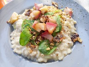 Barley risotto with celery, nuts and peaches at Vegetaria in Vienna