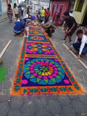 Laying carpets for Semana Santa at The Glowing Gourmet in San Pablo La Laguna