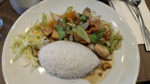Cashew sauce with rice, tofu and vegetables at Sukawatee  in St Albans