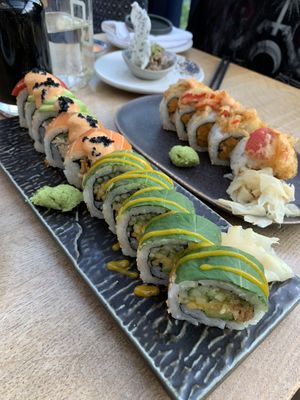 Momo and Rainbow rolls  at Sushi Momo in Toronto