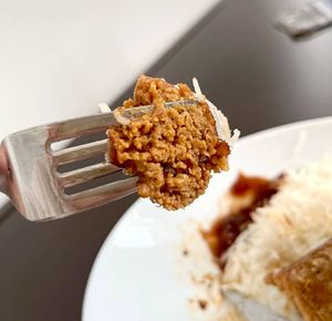 Piece of vegan sausage, fried at Kruzhok in Yerevan