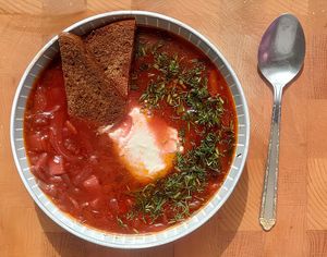 Borscht: beetroot, onion, carrot, cherry, potato, cabbage, homemade non-chicken, spices; served with cashew sour cream and bread at Kruzhok in Yerevan