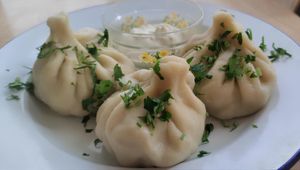 Khinkali: dough, mix of pink, yellow, and blue oyster mushrooms from Mr.Sunk, Tom Yum paste, coconut milk, onion at Kruzhok in Yerevan