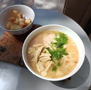 Non-chicken soup: vegetable broth, carrot, onion, garlic, nutritional yeast, monosodium glutamate, fuzhu at Kruzhok in Yerevan