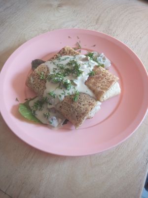 Seitan pancakes with creamy mushroom souce at Kruzhok in Yerevan