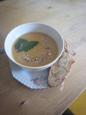 Pumpkin soup with almonds and "cheese" topping at Kruzhok in Yerevan