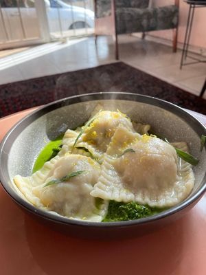 Ravioli: potatoes, spinach, champignons, cashew ricotta, chimichurri sauce, tarragon, truffle oil at Kruzhok in Yerevan