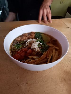 Asian style cold soup, with soy "meat", vegetables. Forgot its name, but ate the whole bowl :) at Kruzhok in Yerevan