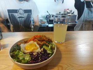 Vegan pibimbpab + apple kombucha

Daily special by Kruzhok, korean dish with vegan egg; Kombucha from the local brand "Kombucha Troll" at Kruzhok in Yerevan