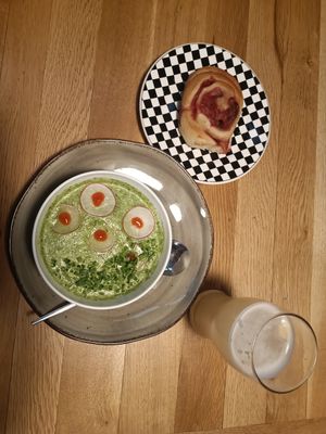 Okroshka & strawberry bun! at Kruzhok in Yerevan