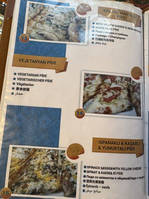 Vegetarian pide menu (there was additional vegetarian pide options on another page)  at Nazilli Pide & Appi's Indian-Pakistani Restaurant in Fethiye