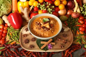 Massaman Tofu Curry is a luscious Thai curry featuring tofu simmered in a creamy coconut milk sauce infused with Massaman curry paste. This dish includes tender tofu cubes. at Kats Oriental Cuisine in St Albans