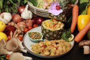 Pineapple stir-fried rice, mixed vegetables Contains Gluten, Cashew Nuts and Soya. at Kats Oriental Cuisine in St Albans