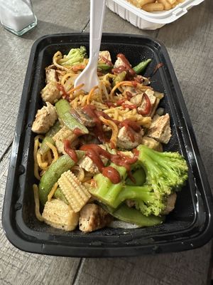 Stir Fry- Korean BBQ with Lo Mein noodles and Chik’un   at AYCE Mongolian Grill in Middle Island