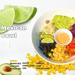 Brown rice, avocado, pickled red cabbage, corn, red pepper, green pepper, Mexican beans, nacho cheese sauce, lime pickles, capers. at Sisu Kitchen %100 Vegan in Antalya