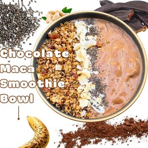 Banana, cacao, maca, cashews, carob powder, granola, coconut chips, chia seeds. at Sisu Kitchen %100 Vegan in Antalya