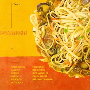 Tofu, onion, carrot, ginger, garlic, broccoli, soy sauce, mushrooms, red pepper, rice noodles, green pepper, balsamic vinegar. at Sisu Kitchen %100 Vegan in Antalya