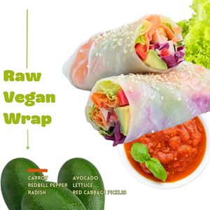 Carrot, red pepper, radish, avocado, lettuce, pickles, red cabbage, cashew cheese, marinara sauce, rice paper. at Sisu Kitchen %100 Vegan in Antalya