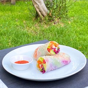 Carrot, red bell pepper, radish, avocado lettuce, red cabbage pickles, cashew cheese marinara sauce, rice paper at Sisu Kitchen %100 Vegan in Antalya
