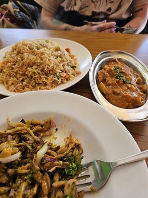 Veg fried rice, mushroom masala and mushroom choila at Annapurna Veg & Vegan Restaurant in Kathmandu