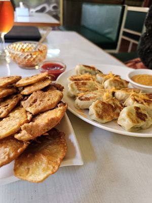 Potato pakoda and kothey veg momo at Annapurna Veg & Vegan Restaurant in Kathmandu