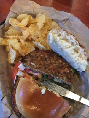 “Voracious Vegan” with kettle chips at River's End Restaurant in Bryson City