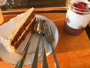 carrot cake and chocolate strawberry parfait taken to go at be love in Victoria