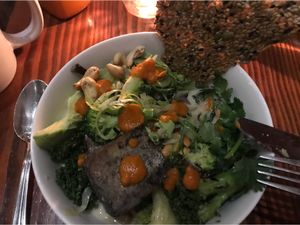 Green bowl with tofu and home made hot sauce - delish!!  at be love in Victoria