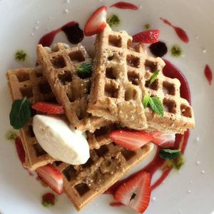 Waffles. Crème Fraiche. Maple. Berries. Mint. Nut Butter. at Tamazul in Oklahoma City