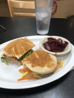 Veggie and hummus flat bread with pickled beetroot   at Stations Cafe in Bethlehem