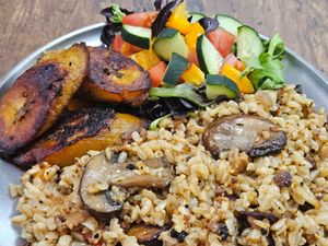 Clean rice, with plantains and a side salad. at Vegan Mami in Henderson