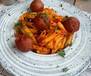 Vegan pasta with vegan meatballs at Ambience Bar Faliraki in Rhodes
