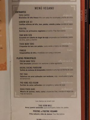 The vegan menu at Royal Thai in Barcelona